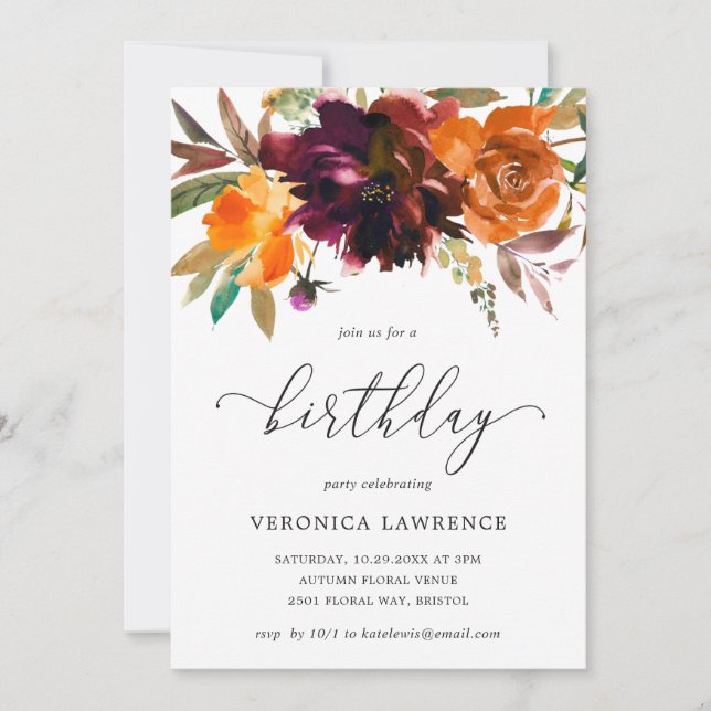 Fall Blommigt Orange Burgundy Woman Birthday Inbjudningar (Framsida)