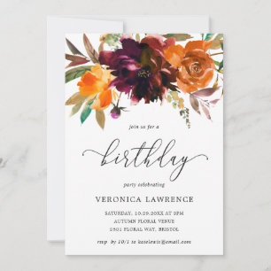 Fall Blommigt Orange Burgundy Woman Birthday Inbjudningar