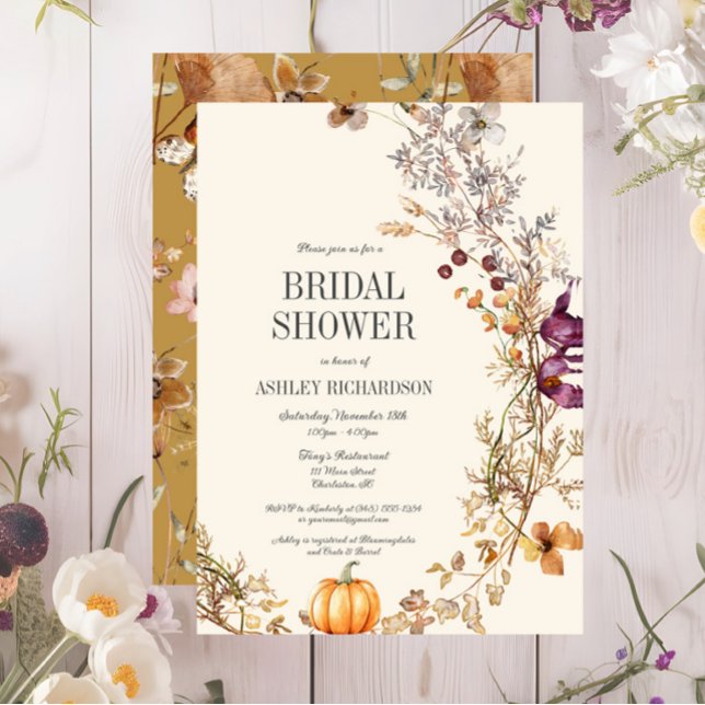 Fall Blommigt Pumpkin Boho Inbjudningskort för möh (Fall Pumpkin Floral Bridal Shower Invitation, Ivory Bridal Shower Invite, Wildflowers )