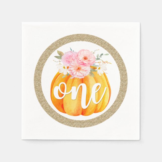 Fall Blommigt Pumpkin Flicka 1st Birthday ONE Pappersservett (Framsidan)