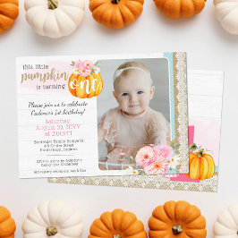Fall Blommigt Pumpkin Flicka 1st Birthday Photo Inbjudningar