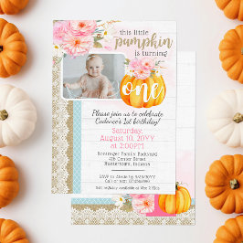 Fall Blommigt Pumpkin Flicka 1st Birthday Photo Inbjudningar