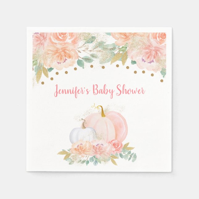 Fall Blommigt Pumpkin Rosa & Guld Baby Shower Pappersservett (Framsidan)