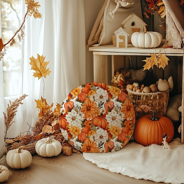 Fall Blommigt Pumpkin Rund Kudde (Skapare uppladdad)