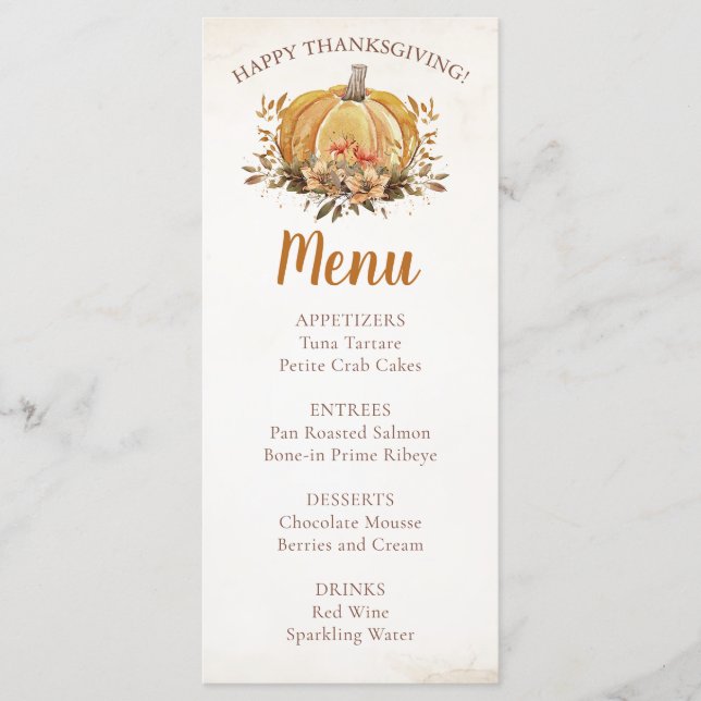 Fall Blommigt Pumpkin Thanksgiving Dinner Menu Meny (Framsida)