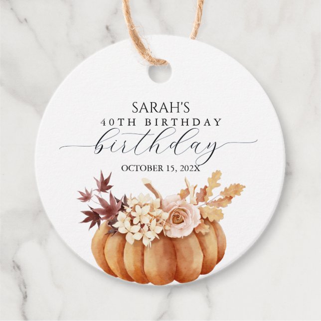 Fall Blommigt Pumpkin Woman Birthday Brunch Gåvor Etiketter (Framsida)