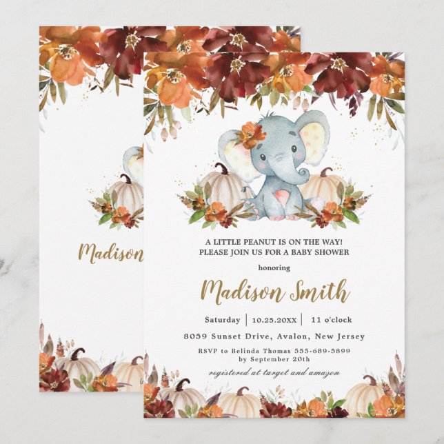 Fall Blommigt Pumpkins Cute Elephant Baby Shower   Inbjudningar (Fram/baksida)