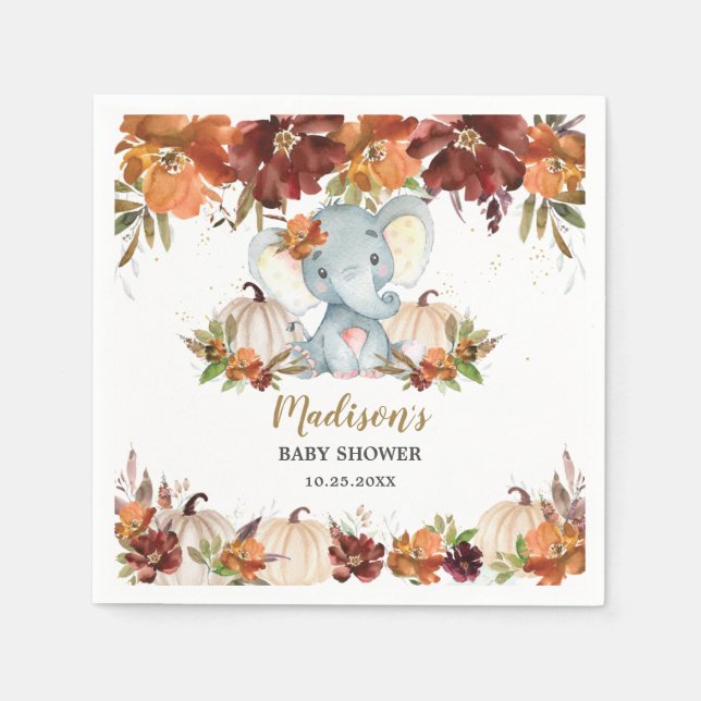 Fall Blommigt Pumpkins Cute Elephant Baby Shower Pappersservett (Framsidan)