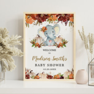 Fall Blommigt Pumpkins Cute Elephant Baby Shower Poster