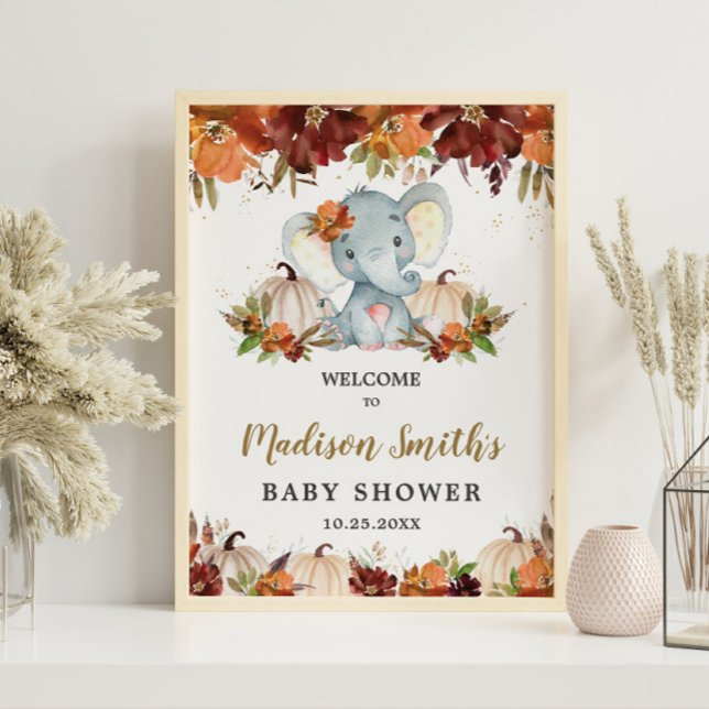 Fall Blommigt Pumpkins Cute Elephant Baby Shower Poster (Skapare uppladdad)