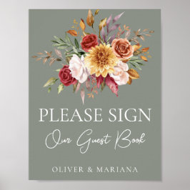 Fall Blommigt Sage Grönt Bröllop Guest Bok-tecken Poster