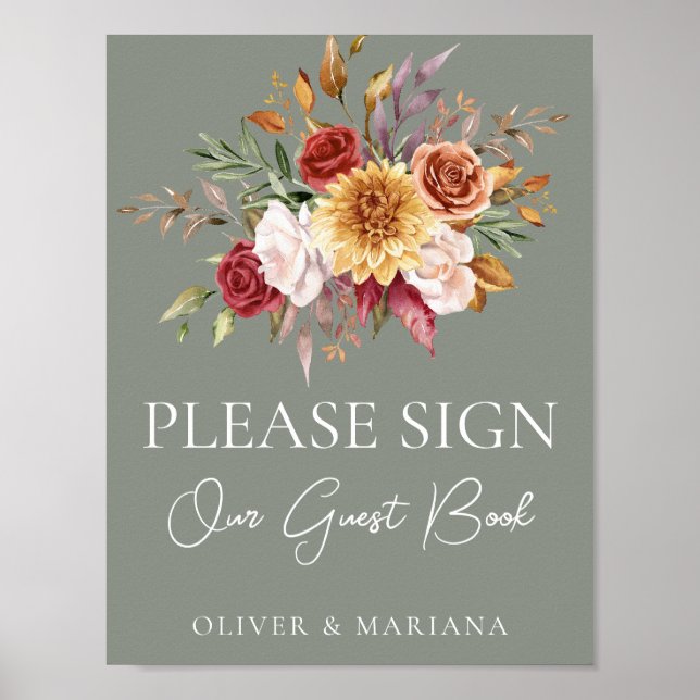 Fall Blommigt Sage Grönt Bröllop Guest Bok-tecken Poster (Framsidan)