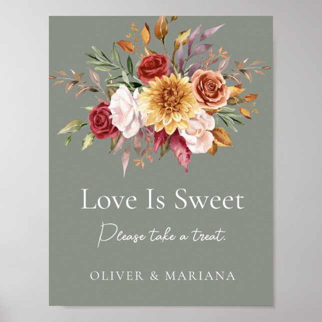 Fall Blommigt Sage Grönt Bröllop Kärlek är sött te Poster (Framsidan)