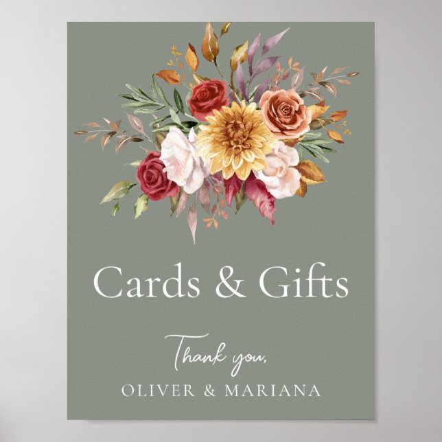 Fall Blommigt Sage Grönt Bröllopskort & presentati Poster (Framsidan)