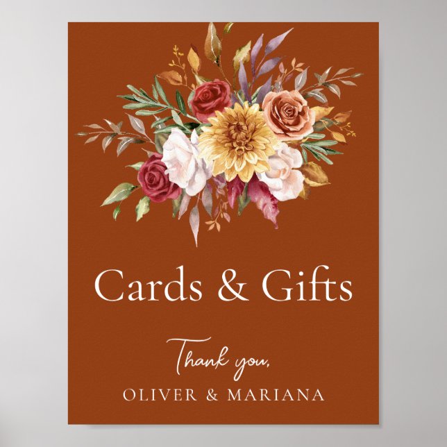 Fall Blommigt Terracotta Bröllopskort & Gifts-teck Poster (Framsidan)