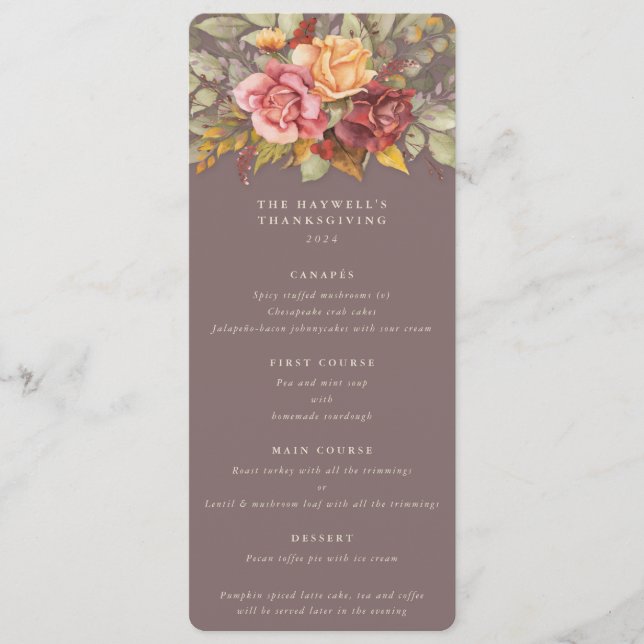 Fall Blommigt Thanksgiving - platt 4 kurser Meny (Framsida)