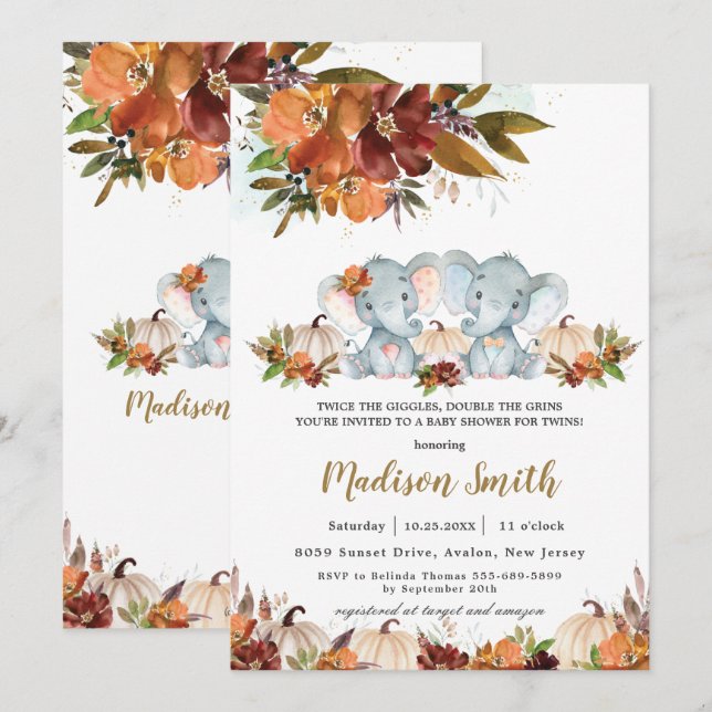 Fall Blommigt Twillingar Boy Girl Elephants Baby S Inbjudningar (Fram/baksida)