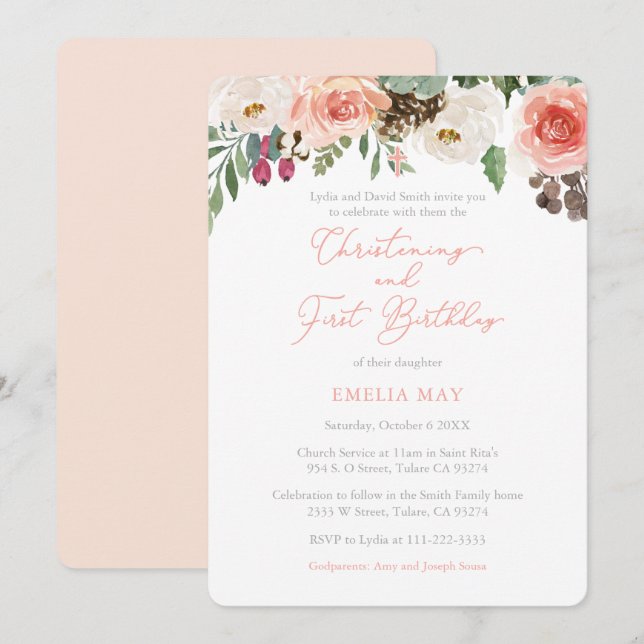 Fall Blommigts Girl Christing 1:a födelsedagen Par Inbjudningar (Fram/baksida)