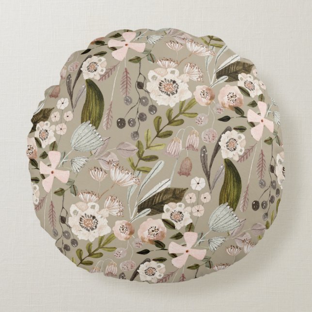 Fall Blooms Vanilla Taupe Round Pillow Rund Kudde (Framsidan)