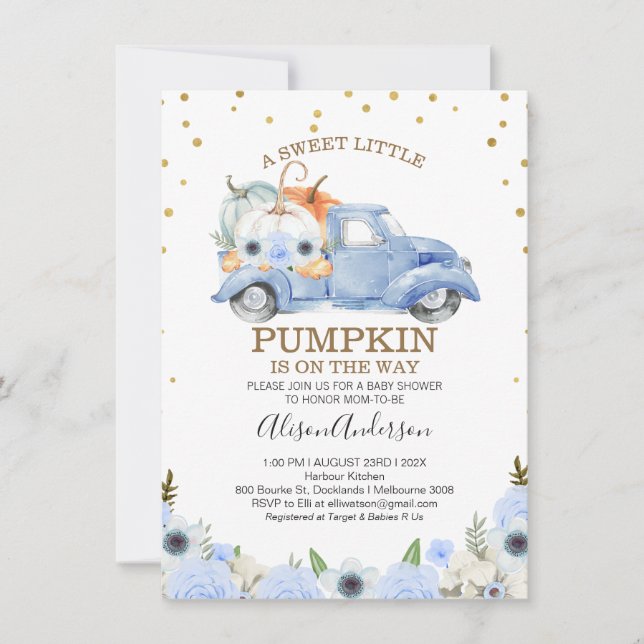 Fall Blue Blommigt Pumpkin Lastbil Baby Shower Inbjudningar (Framsida)