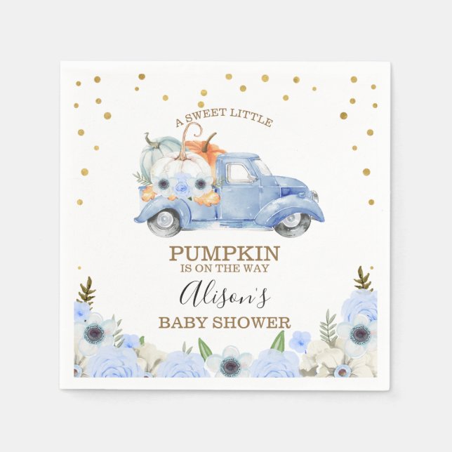 Fall Blue Blommigt Pumpkin Lastbil Baby Shower Nap Pappersservett (Framsidan)
