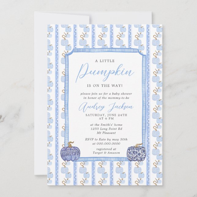 Fall Blue Chinoiserie Blue Pumpkin Baby Shower Inbjudningar (Framsida)