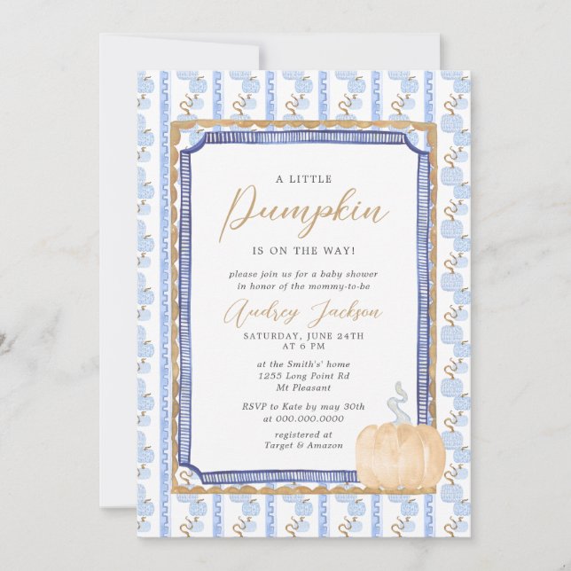 Fall Blue Chinoiserie Blue Pumpkin Baby Shower Inv Inbjudningar (Framsida)