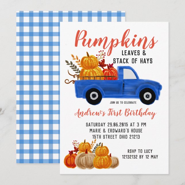Fall Blue Lastbil Pumpkin Birthday-inbjudan Inbjudningar (Fram/baksida)
