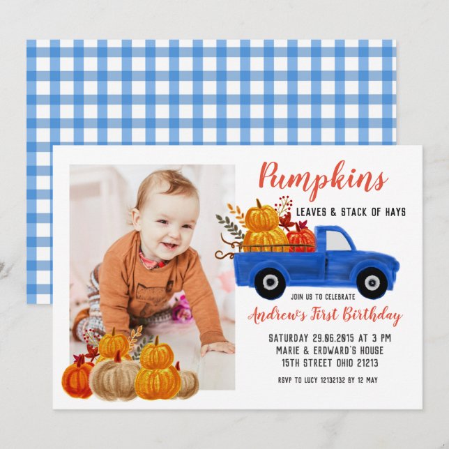 Fall Blue Lastbil Pumpkin Birthday med foto Inbjudningar (Fram/baksida)