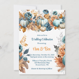 Fall Blue och Orange Pumpkin Peony Bröllop Inbjudningar