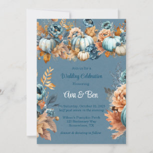 Fall Blue och Orange Pumpkin Peony Bröllop Inbjudningar