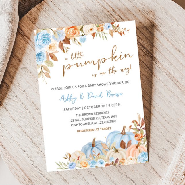 Fall Blue Pumpkin Baby Shower Inbjudningar (Blue Fall Floral Baby Shower Invitation)