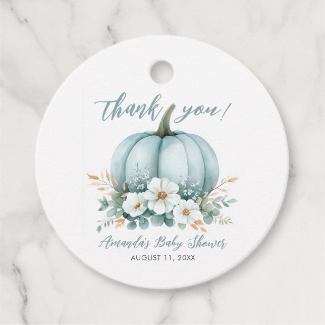 Fall Blue Pumpkin Blommigt Eucalyptus Baby Shower Gåvor Etiketter (Framsida)