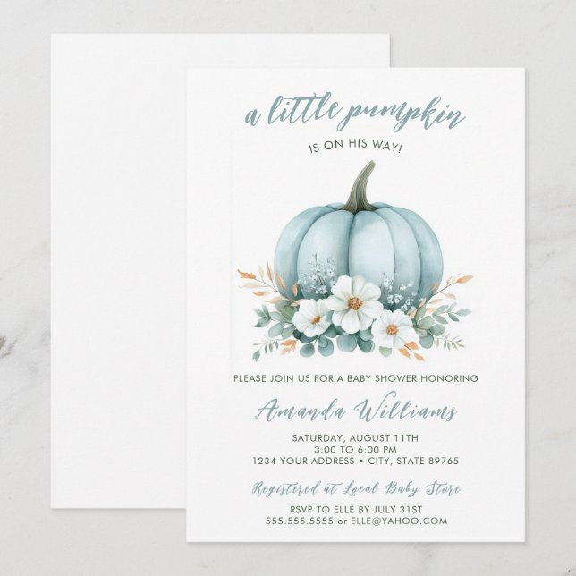 Fall Blue Pumpkin Blommigt Eucalyptus Baby Shower Inbjudningar (Fram/baksida)