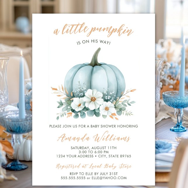 Fall Blue Pumpkin Blommigt Eucalyptus Baby Shower Inbjudningar (Skapare uppladdad)