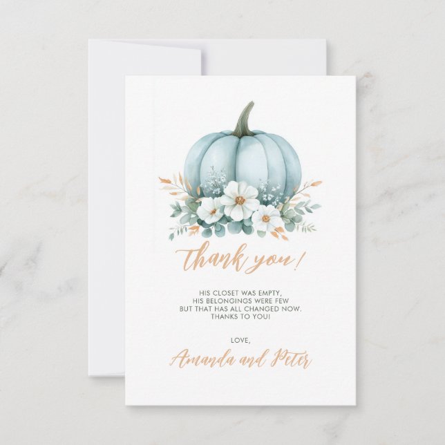 Fall Blue Pumpkin Blommigt Eucalyptus Baby Shower Tack Kort (Framsida)