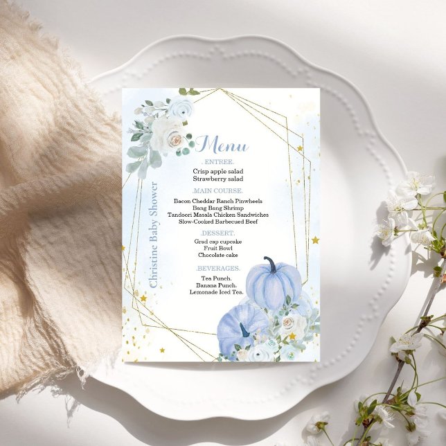 Fall Blue Pumpkin Boy Baby dusch Party Menu Card Inbjudningar (Skapare uppladdad)