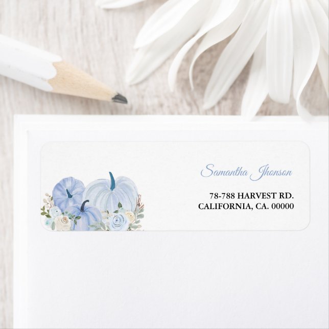 Fall Blue Pumpkin Boy Shower Returadress Etikett (Insitu)