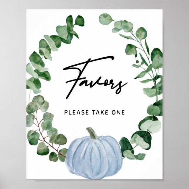 Fall Blue Pumpkin Favors Boy Shower-skylt Poster (Framsidan)