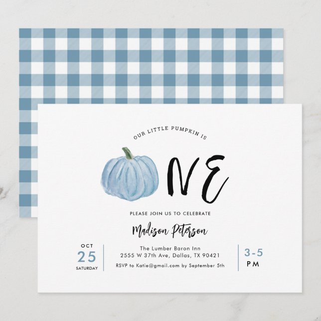Fall Blue Pumpkin First Boy Födelsedagsfest Inbjudningar (Fram/baksida)