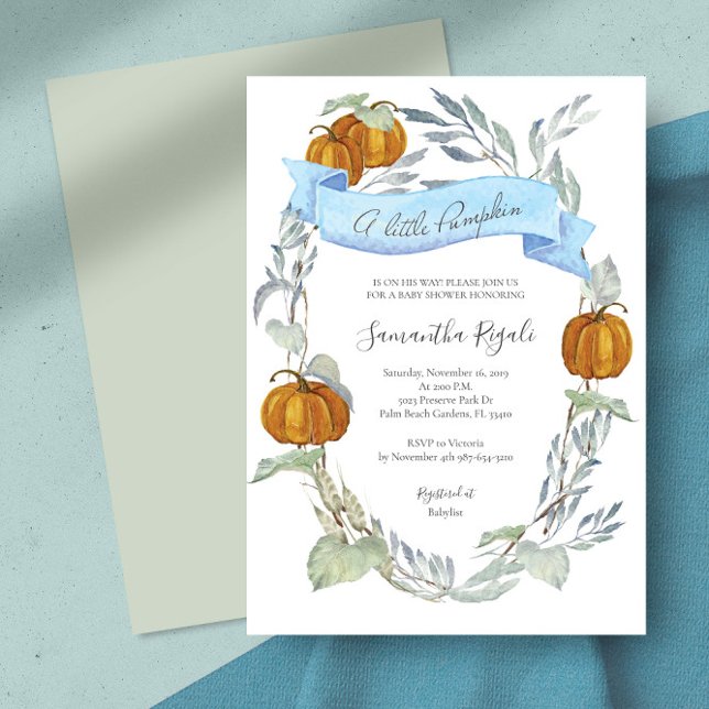 Fall Blue Pumpkin Greenery Baby Shower Inbjudningar (pumpkin baby boy shower invitations )