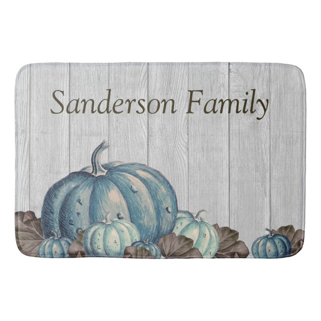 Fall Blue Pumpkin Rustic Cute Grått Wood Badrumsmatta (Framsidan)