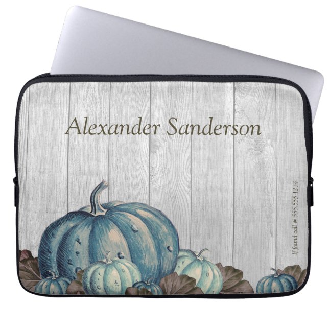 Fall Blue Pumpkin Rustic Cute Grått Wood Laptop Fodral (Framsidan)