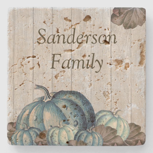 Fall Blue Pumpkin Rustic Cute Grått Wood Stenunderlägg (Framsidan)