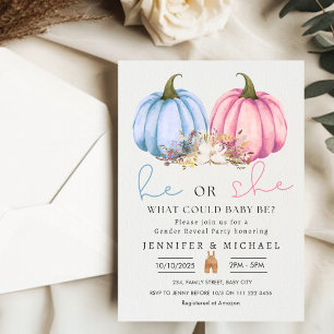 Fall Blue Rosa Pumpkin Gender Reveal Party Inbjudningar