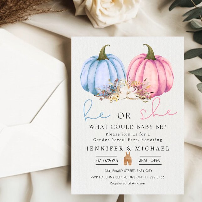 Fall Blue Rosa Pumpkin Gender Reveal Party Inbjudningar (Fall Blue Pink Pumpkin Gender Reveal Party Invitation)