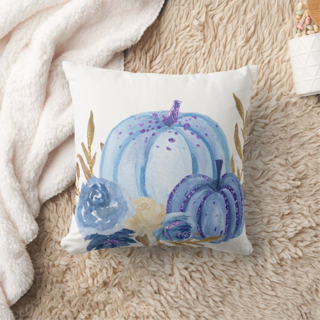 Fall blue Watercolor Pumpkins Dekorativ kudde (Filt)