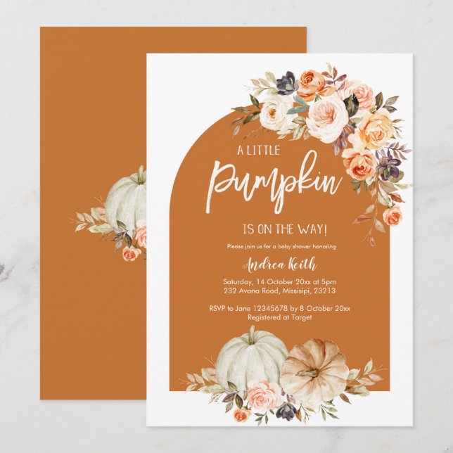 Fall Boho Arch-pumpen brände orange babydusch Inbjudningar (Fram/baksida)