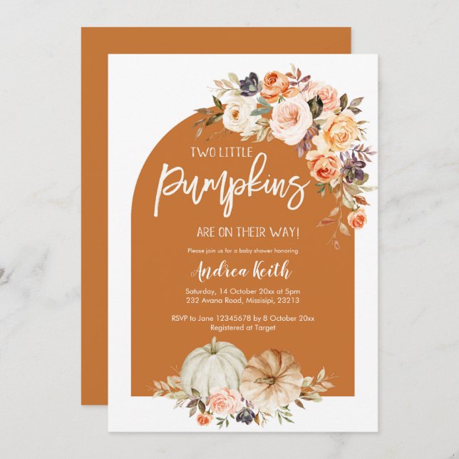 Fall Boho Arch Pumpkin Blommigt TWILLINGAR Baby du Inbjudningar (Fram/baksida)