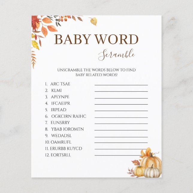 Fall Boho Baby Shower Ord Scramble Game (Framsida)